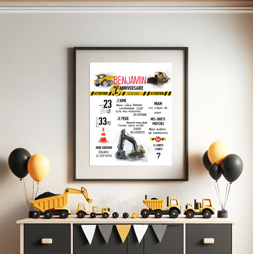 Affiche anniversaire camions de construction