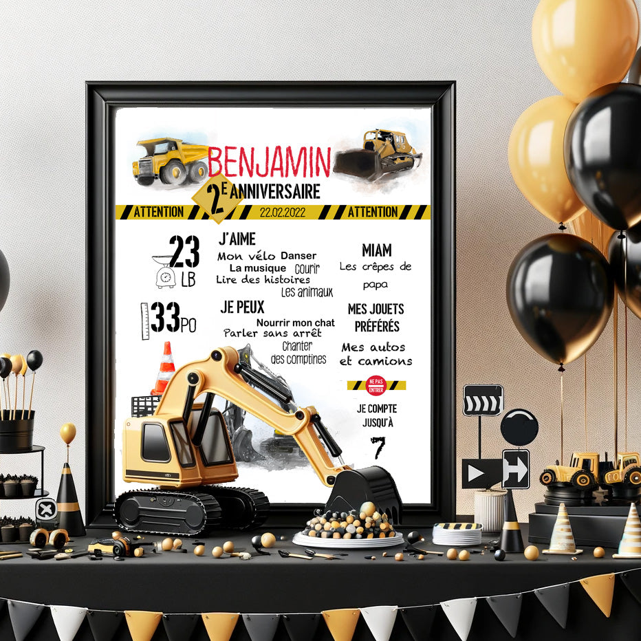 Affiche anniversaire camions de construction