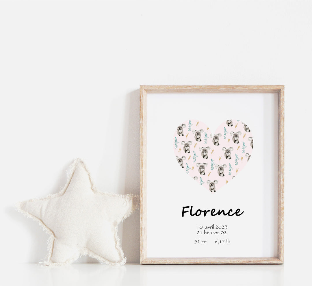Cœur de Koala - Affiche de naissance illustrée avec pampas et eucalyptus