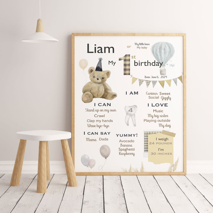 Affiche anniversaire – Ourson, ballons et montgolfière