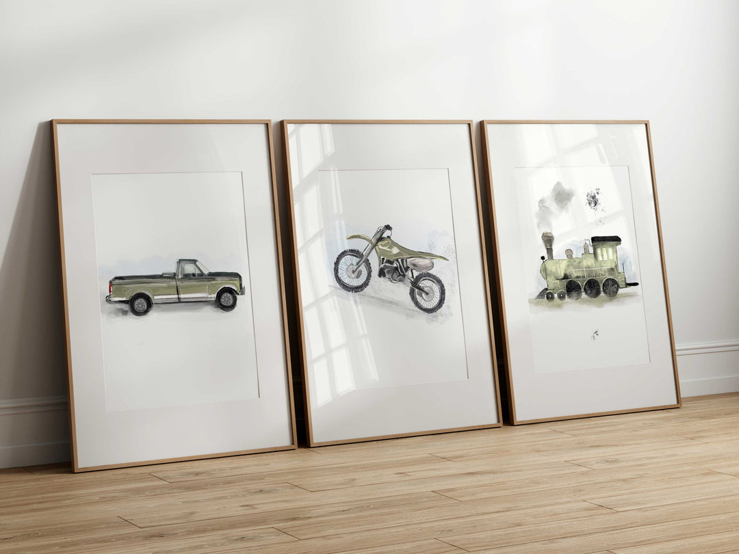 Trio of vehicle posters - motorcycle, plane and tractor (moss green)