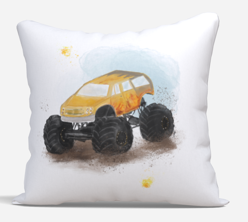 Housse de coussin · Monster trucks - Jaune et flammes