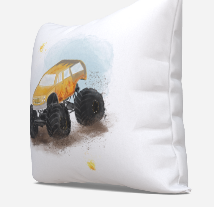 Housse de coussin · Monster trucks - Jaune et flammes