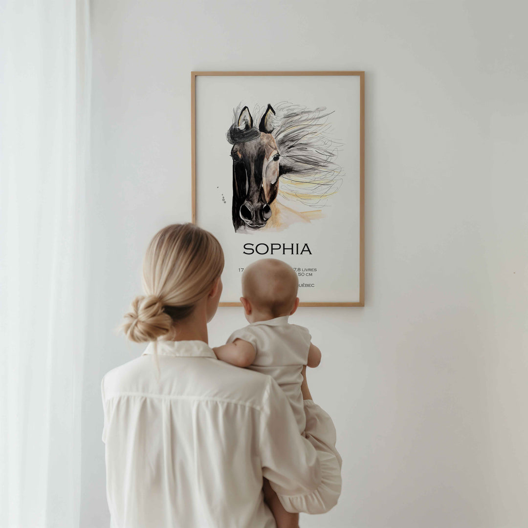 Affiche de naissance - cheval crinière au vent