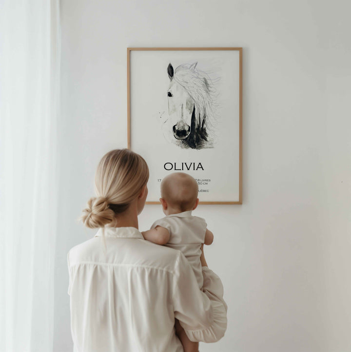 Affiche de naissance - cheval noir et blanc