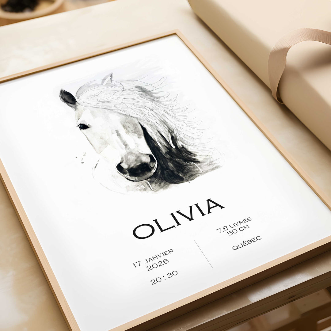 Affiche de naissance - cheval noir et blanc