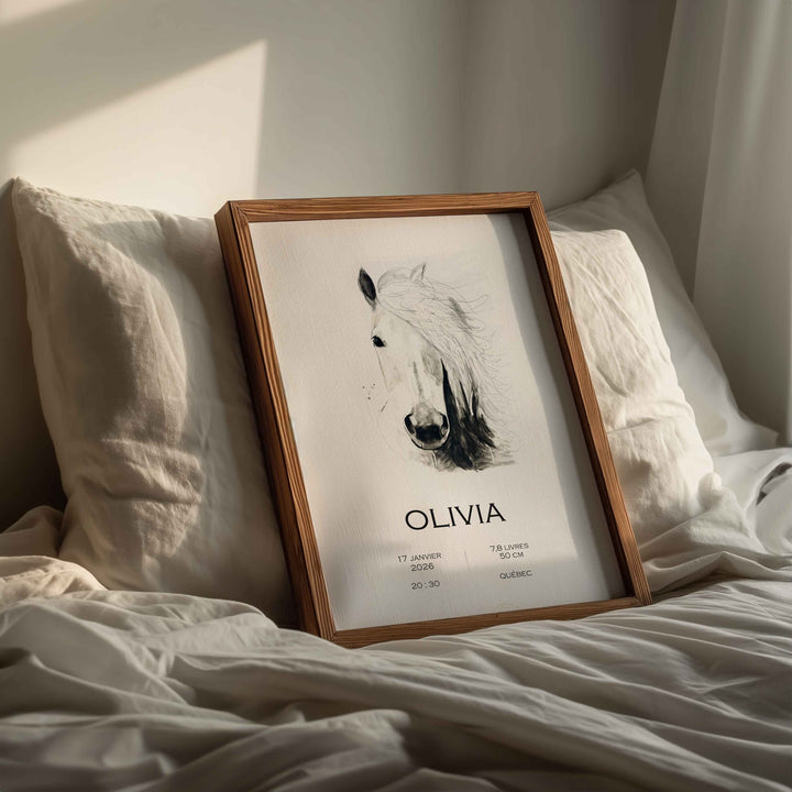 Affiche de naissance - cheval noir et blanc