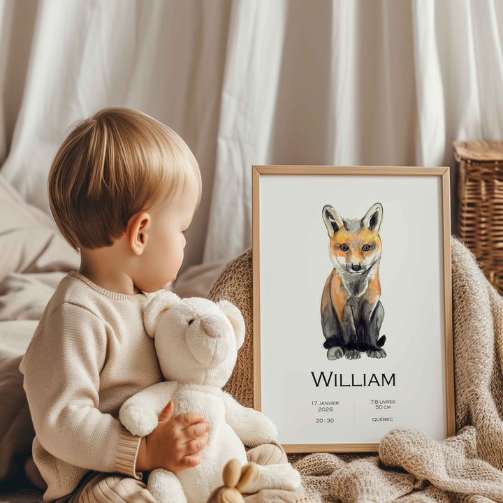 Affiche de naissance personnalisée renard assis