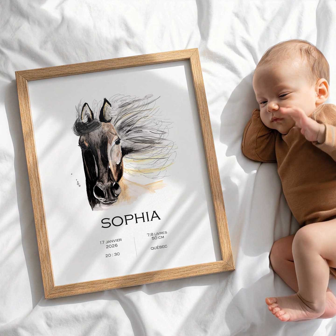 Affiche de naissance - cheval crinière au vent