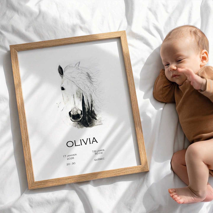 Affiche de naissance - cheval noir et blanc