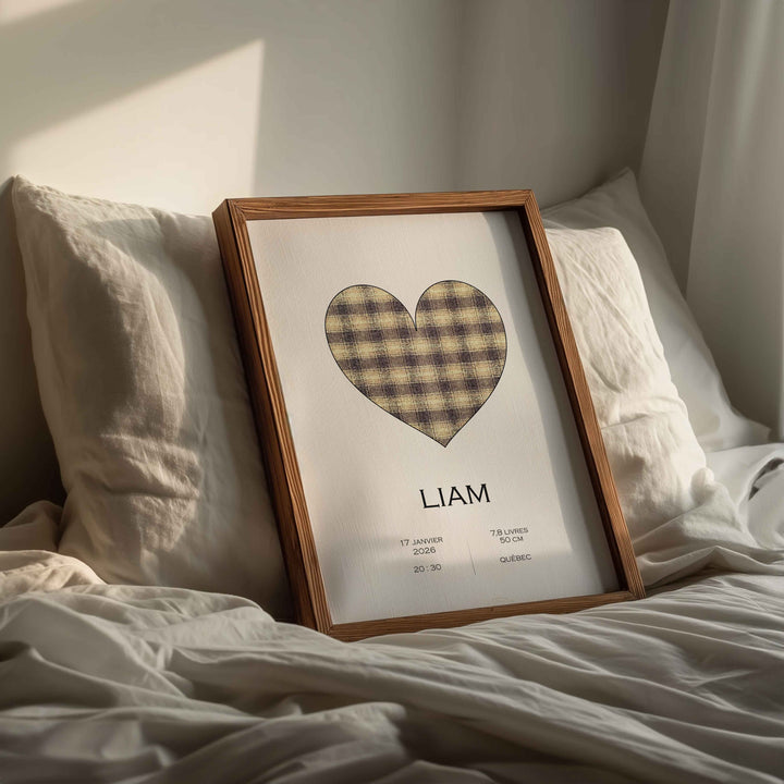 Affiche de naissance - Coeur à carreaux doré