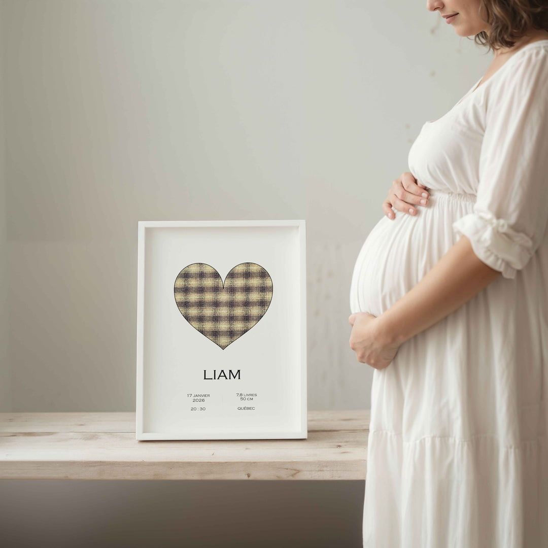 Affiche de naissance - Coeur à carreaux doré