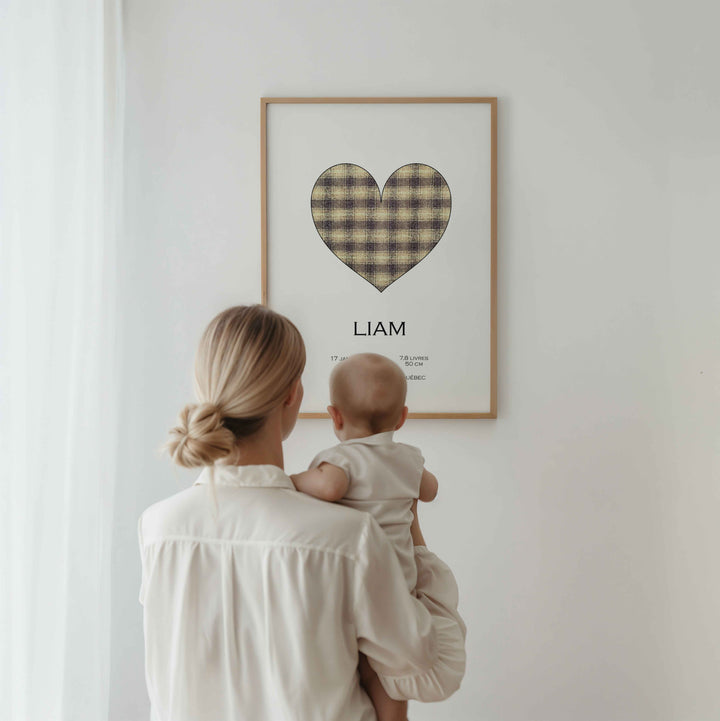 Affiche de naissance - Coeur à carreaux doré
