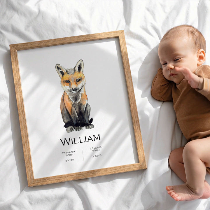 Affiche de naissance personnalisée renard assis