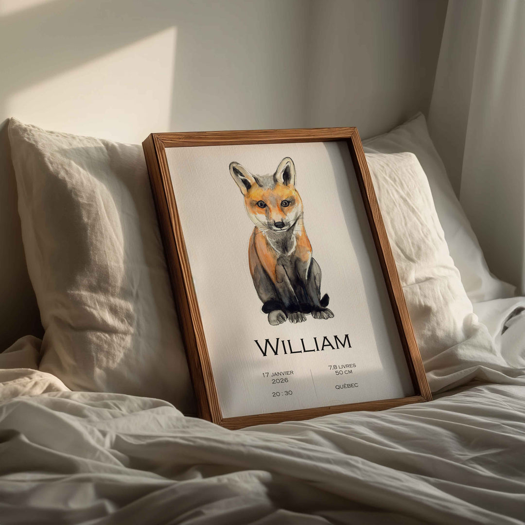 Affiche de naissance personnalisée renard assis