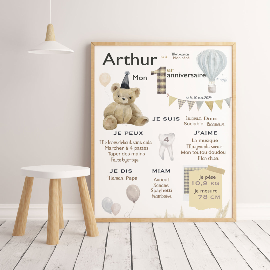Birthday poster – Teddy bear, balloons and hot air balloon (boho style)