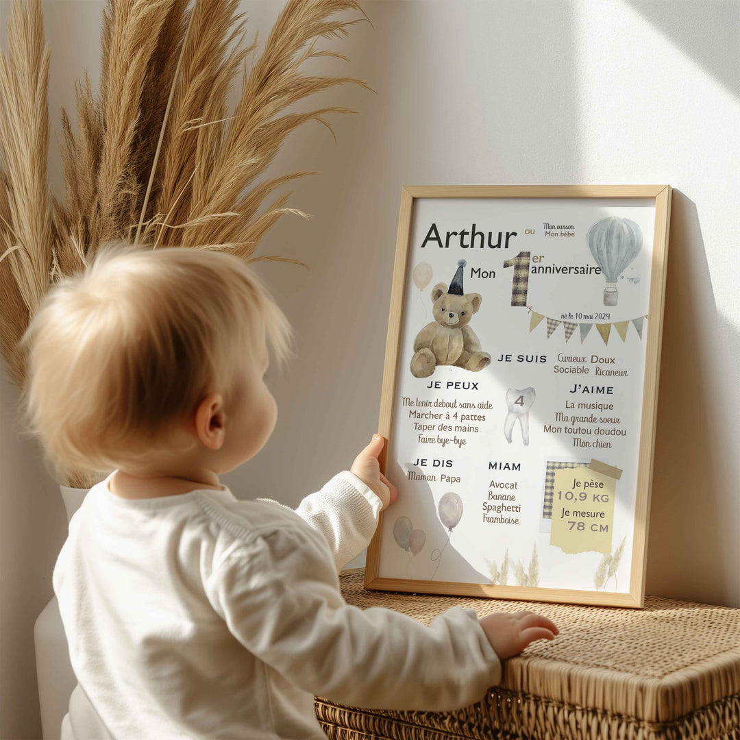 Birthday poster – Teddy bear, balloons and hot air balloon (boho style)