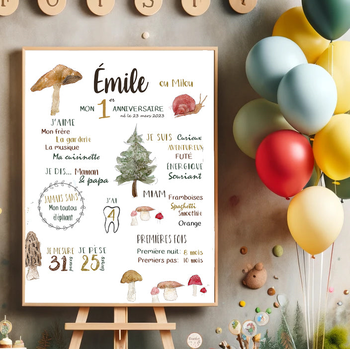 Affiche premier anniversaire champignons