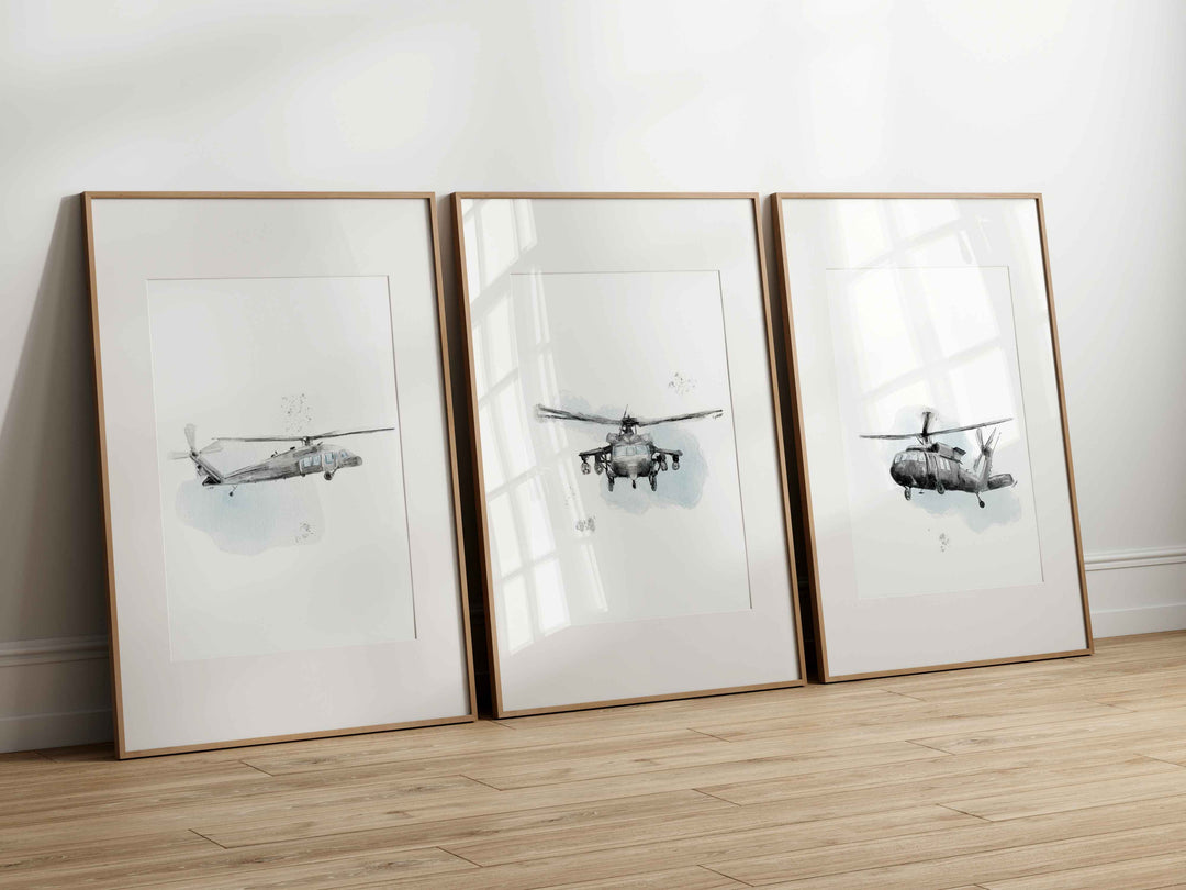 Set of Black Hawk Helicopters Posters - Black and White