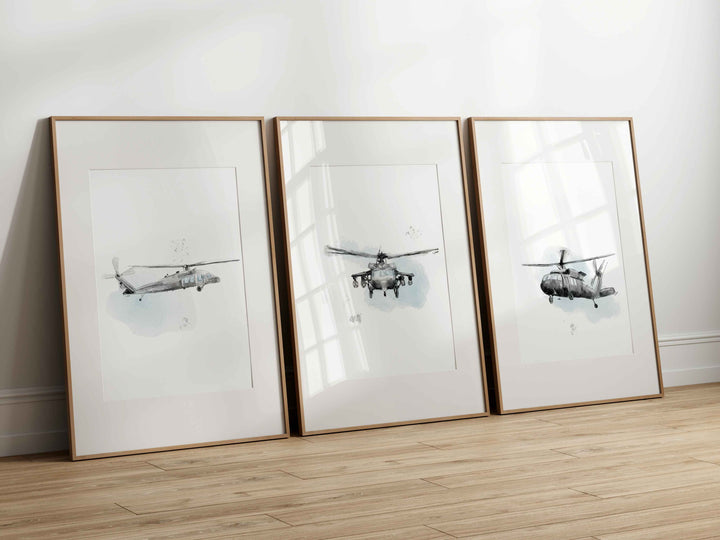 Set of Black Hawk Helicopters Posters - Black and White