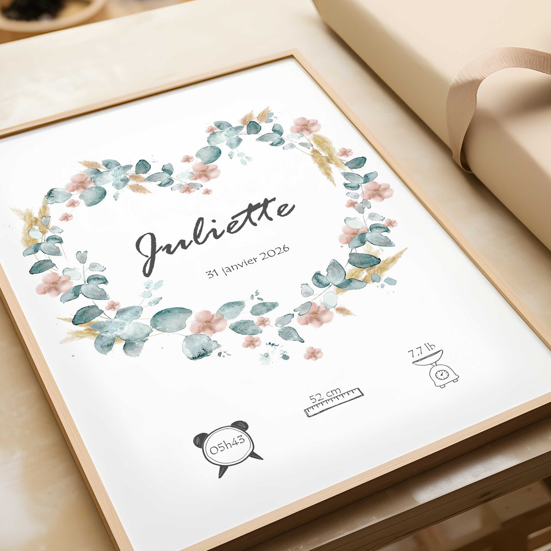 Floral Heart - Illustrated birth poster with flowers, pampas grass and eucalyptus
