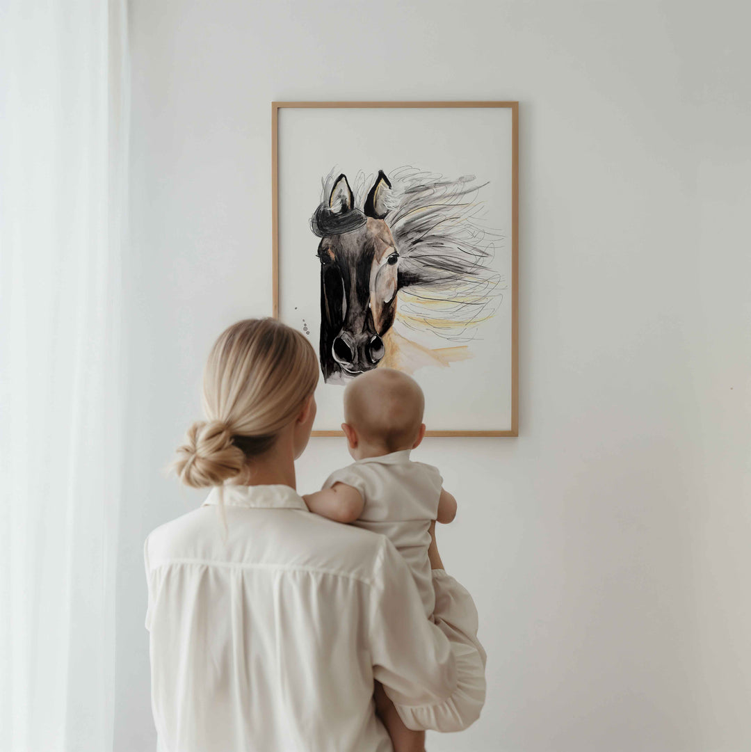 Illustration - farm animals - horse with flowing mane
