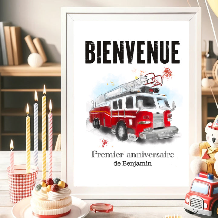 Panneau de bienvenue d'anniversaire - thème pompiers