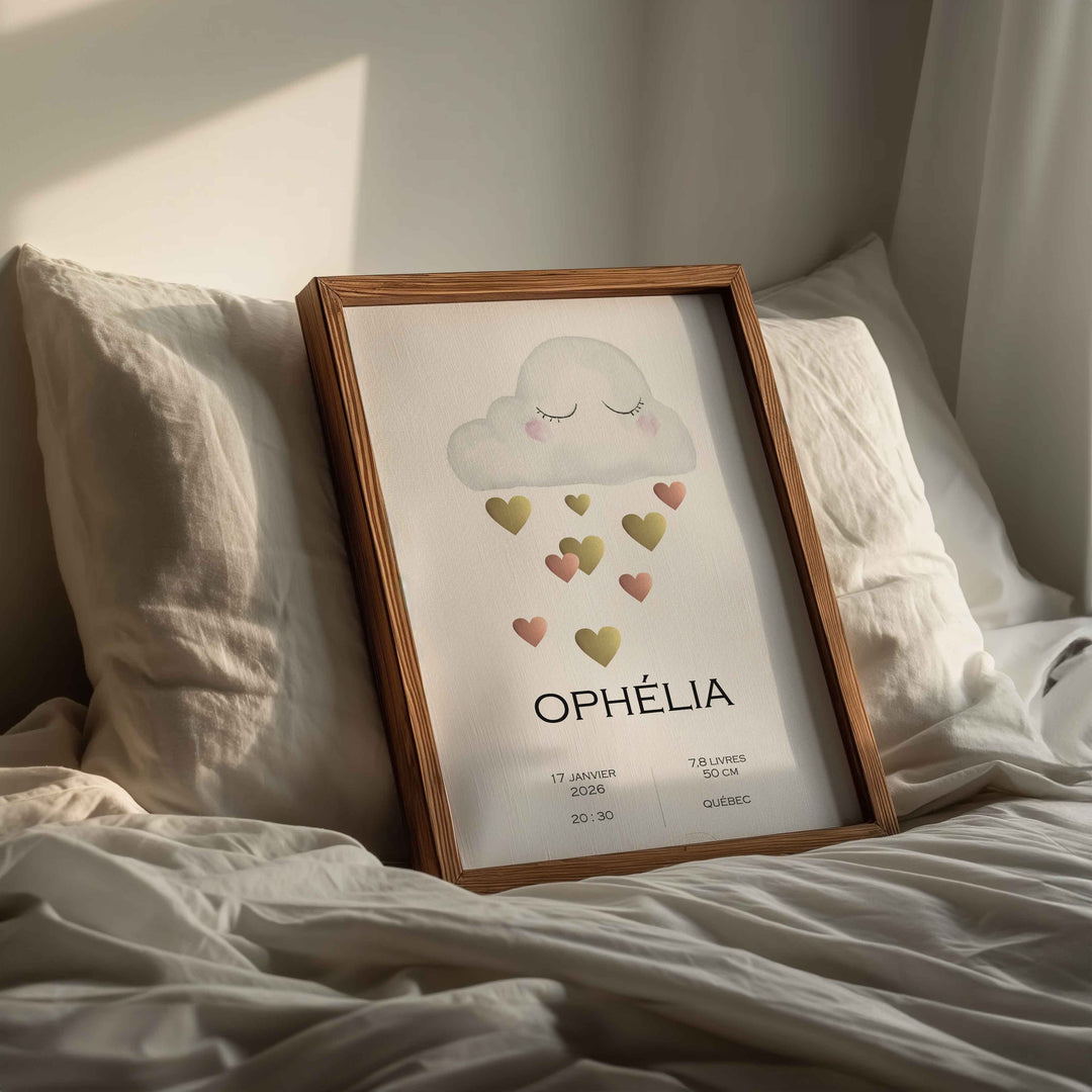 Birth announcement poster - Cloud and shower of hearts