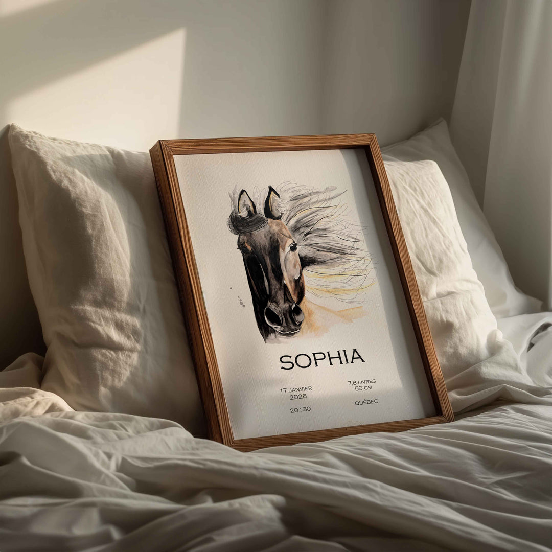 Affiche de naissance - cheval crinière au vent