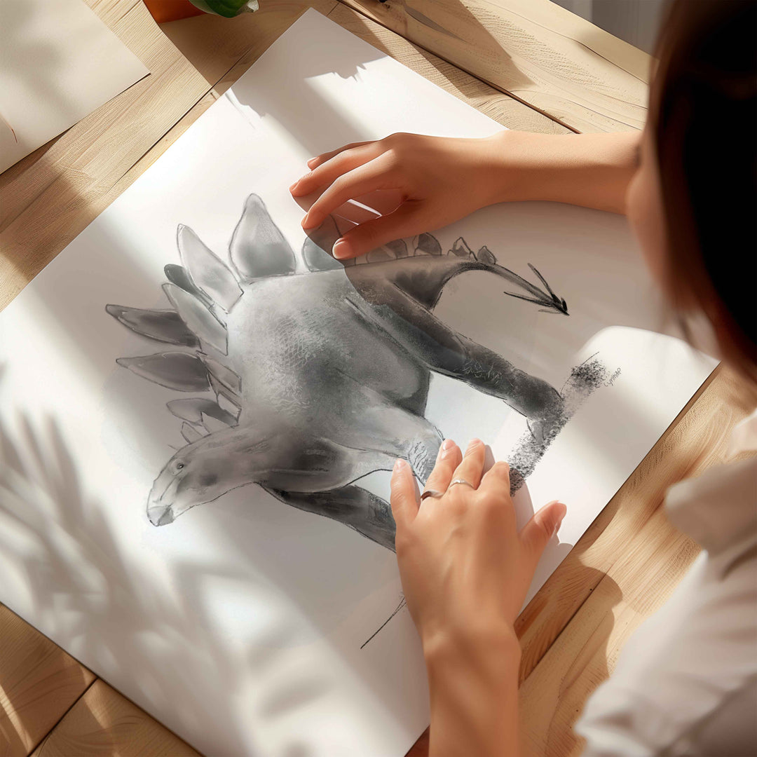 Illustration - Dinosaure -Stégosaure noir et blanc
