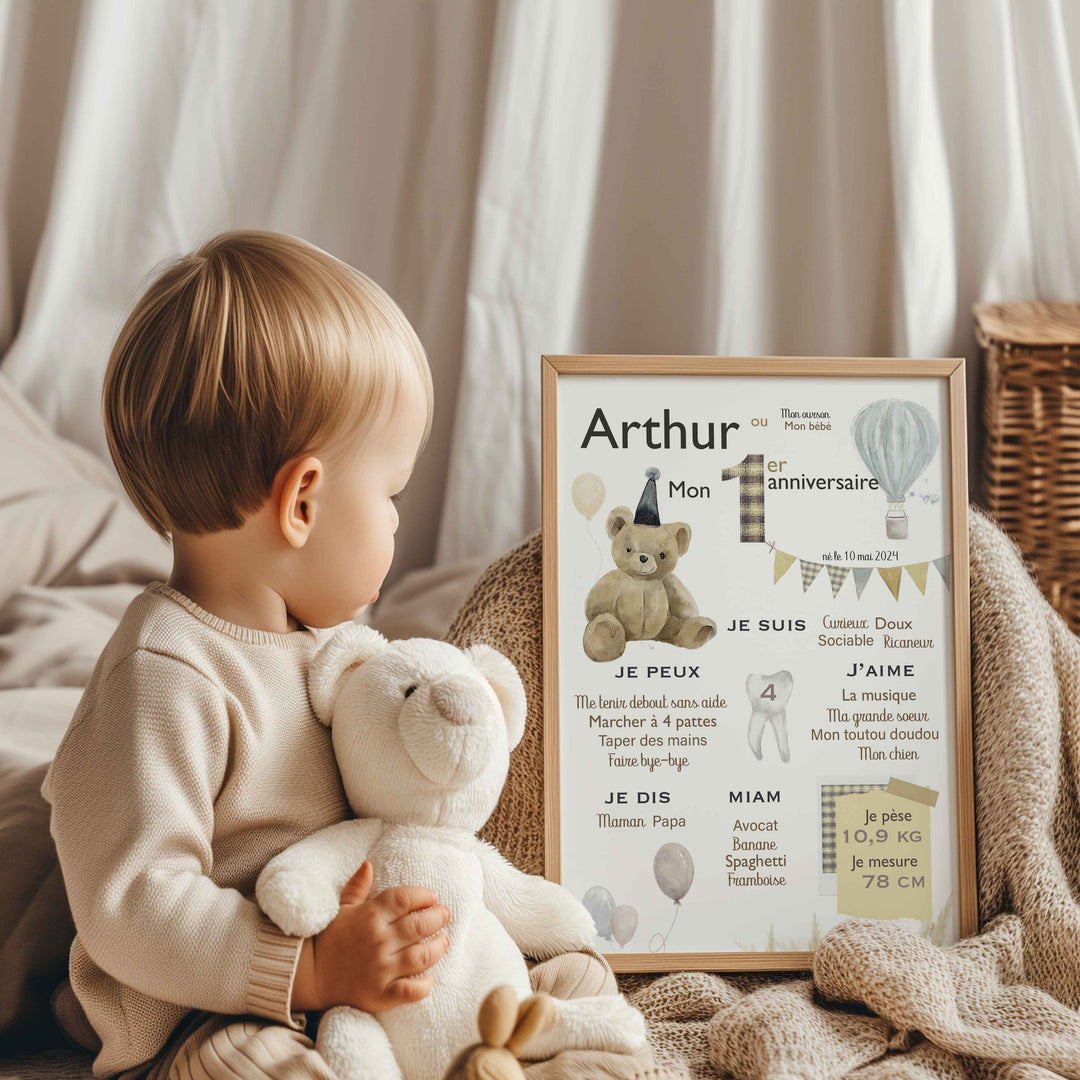 Birthday poster – Teddy bear, balloons and hot air balloon (boho style)