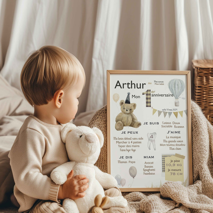 Birthday poster – Teddy bear, balloons and hot air balloon (boho style)