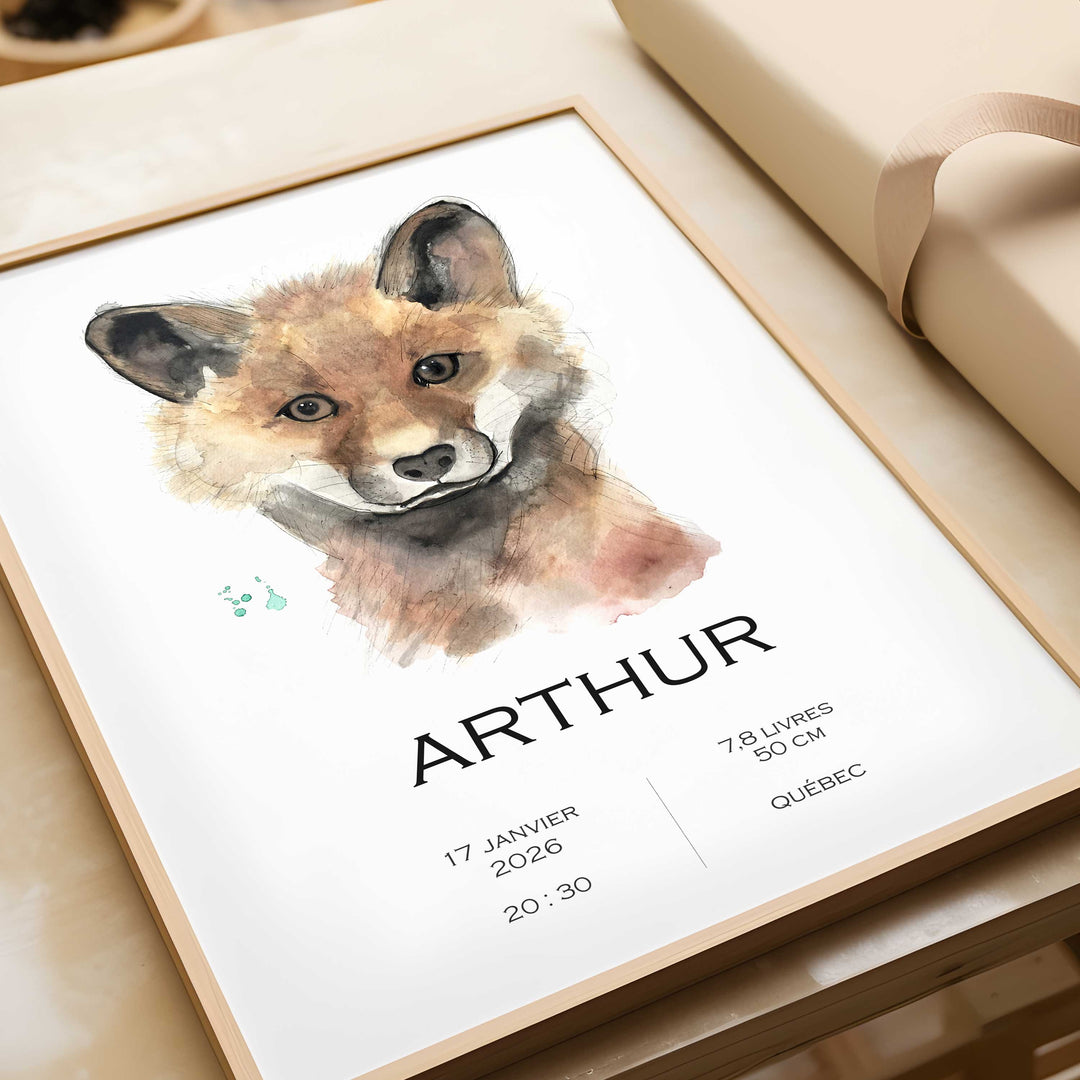 Affiche de naissance personnalisée renard visage