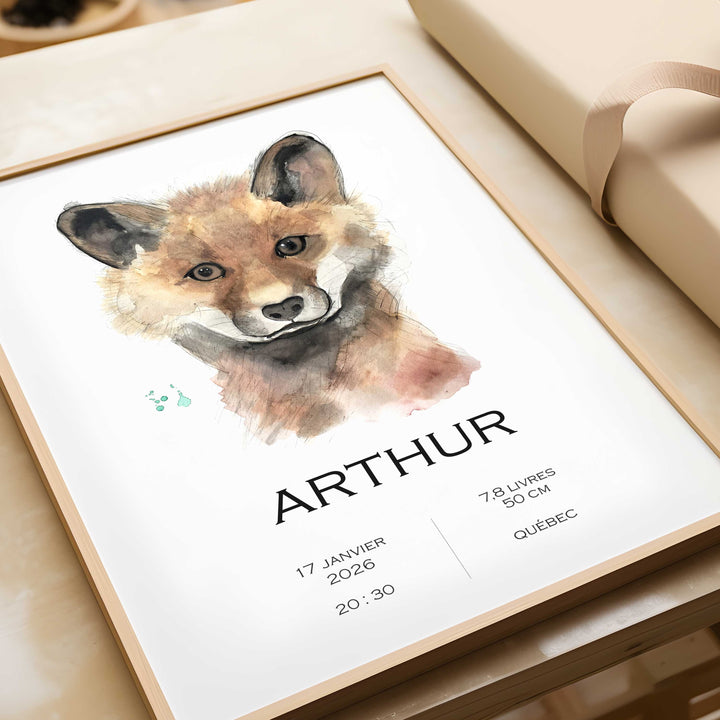 Affiche de naissance personnalisée renard visage