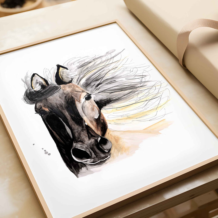 Illustration - farm animals - horse with flowing mane