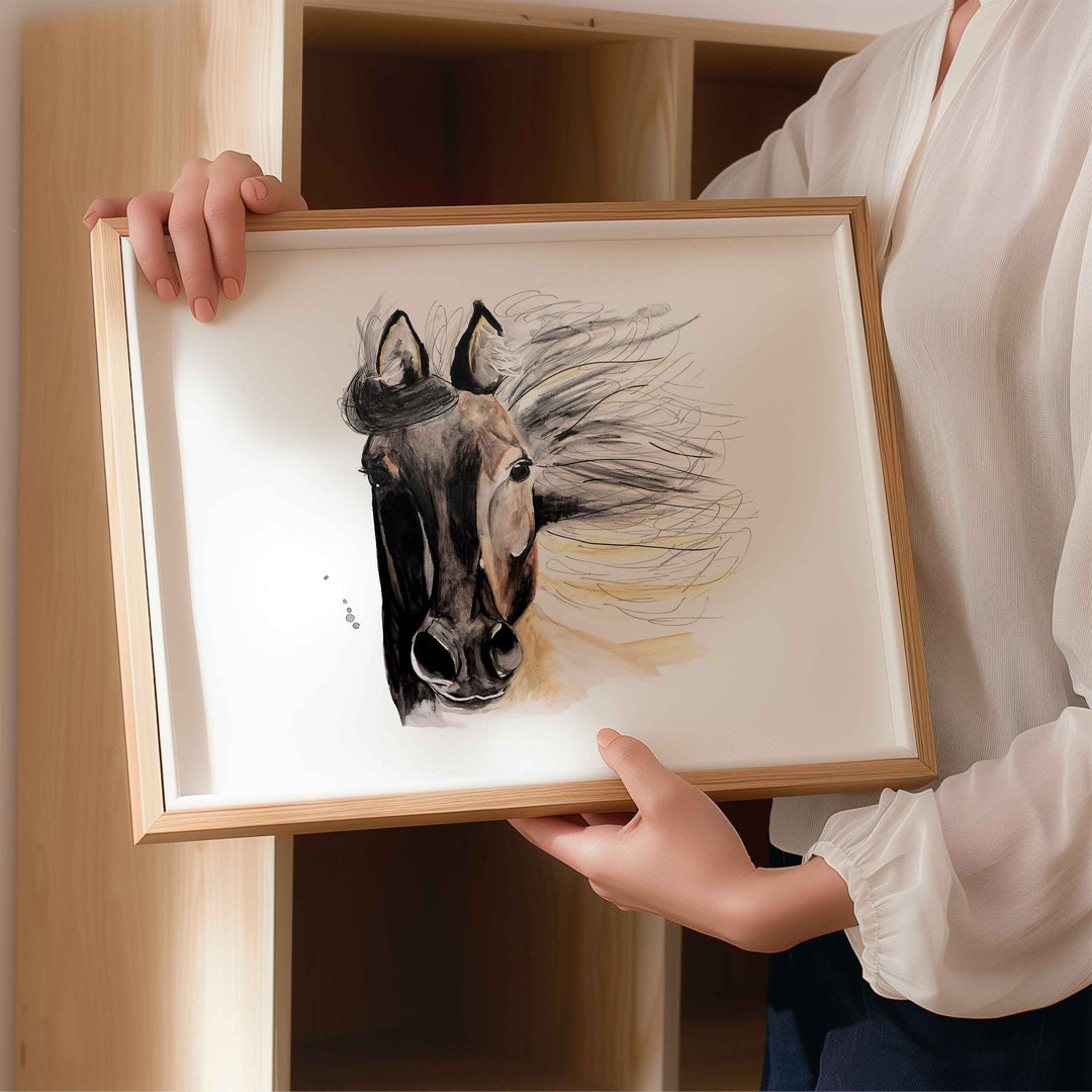 Illustration - farm animals - horse with flowing mane