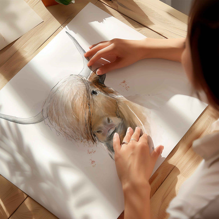 Illustration - animaux de la ferme - Caramel,  la vache highland