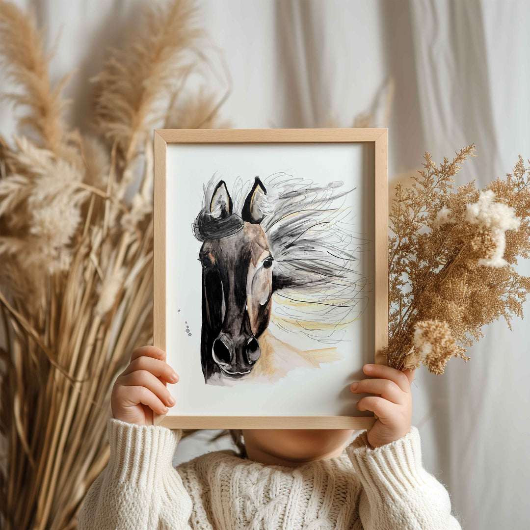 Illustration - farm animals - horse with flowing mane