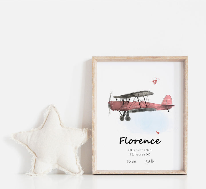 Birth poster - Vintage plane (see colors)
