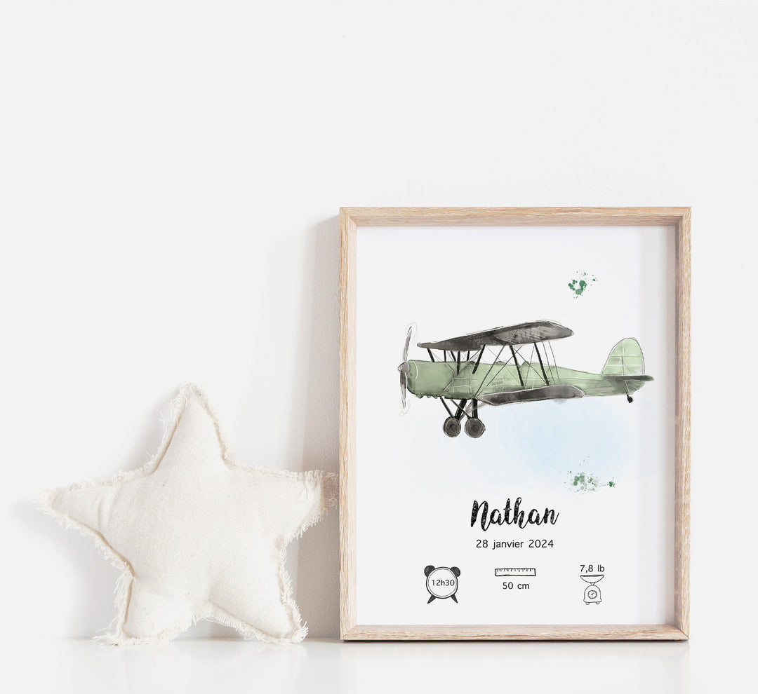 Affiche de naissance - Avion vintage (voir couleurs)
