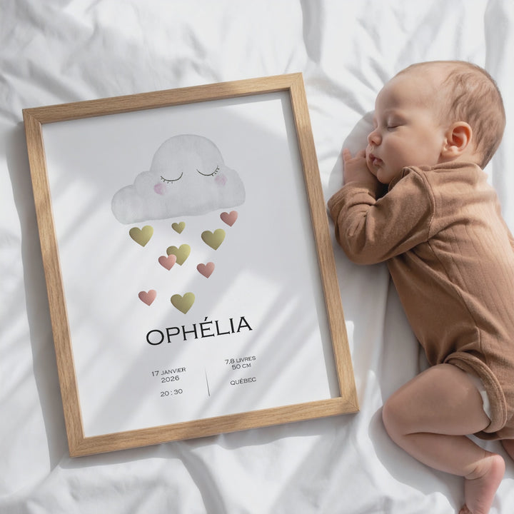 Birth announcement poster - Cloud and shower of hearts