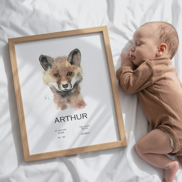 Affiche de naissance personnalisée renard visage