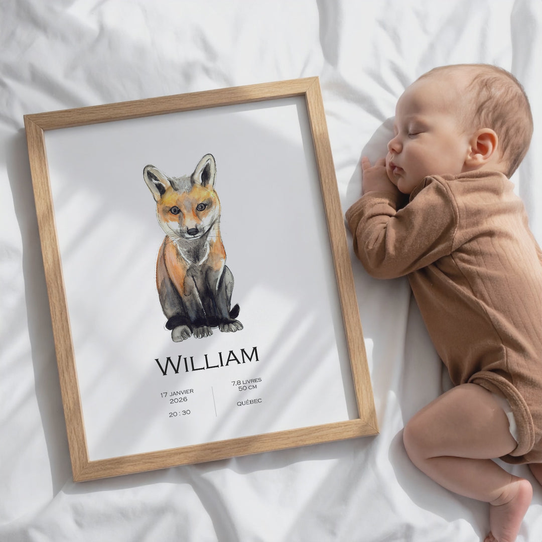 Affiche de naissance personnalisée renard assis