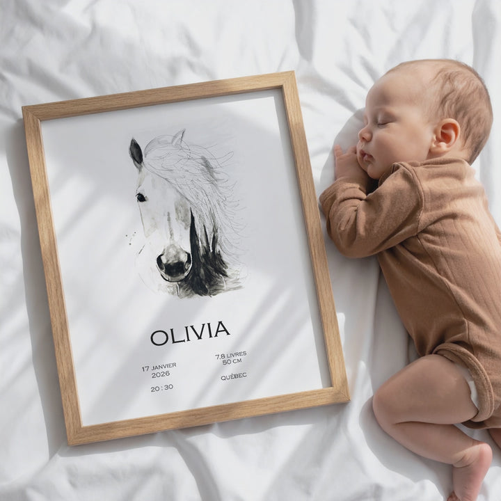 Affiche de naissance - cheval noir et blanc