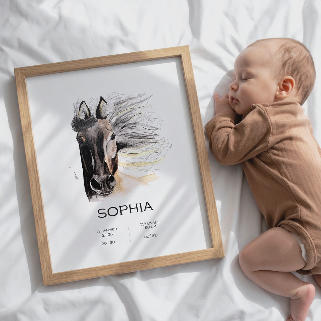 Affiche de naissance - cheval crinière au vent