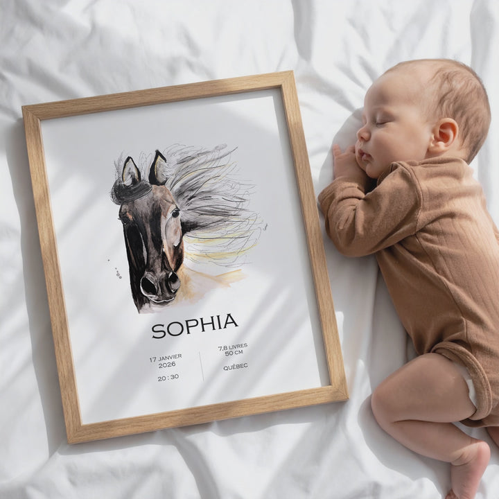 Affiche de naissance - cheval crinière au vent