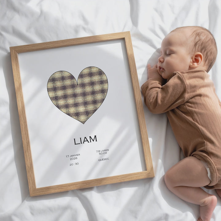 Affiche de naissance - Coeur à carreaux doré