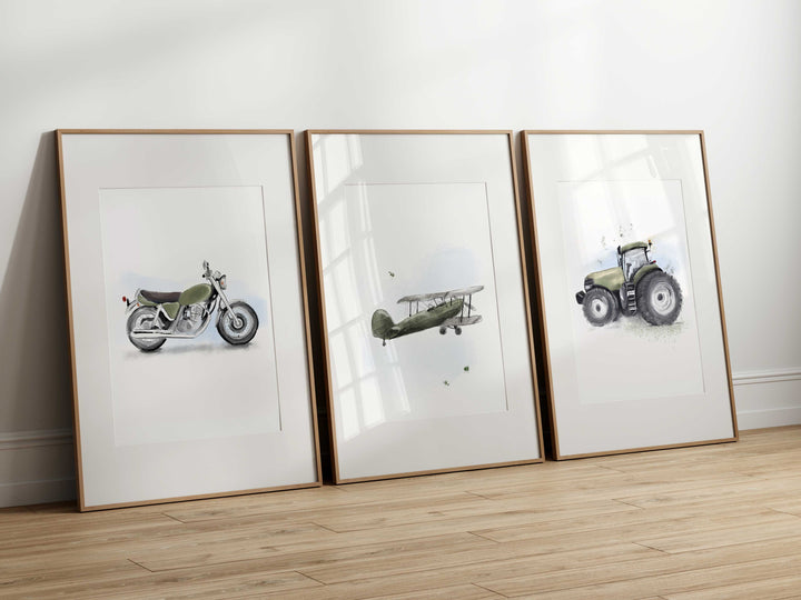 Trio of vehicle posters - motorcycle, plane and tractor (moss green)