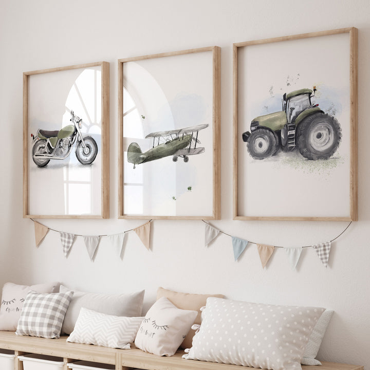 Trio of vehicle posters - motorcycle, plane and tractor (moss green)