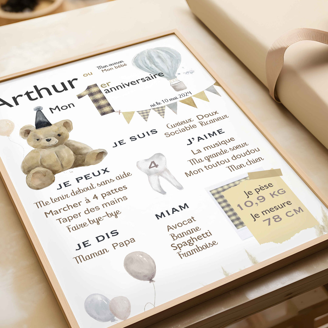 Birthday poster – Teddy bear, balloons and hot air balloon (boho style)
